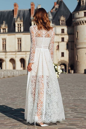 Ivory Lace A-Line Maxi Wedding Dress With Long Sleeves
